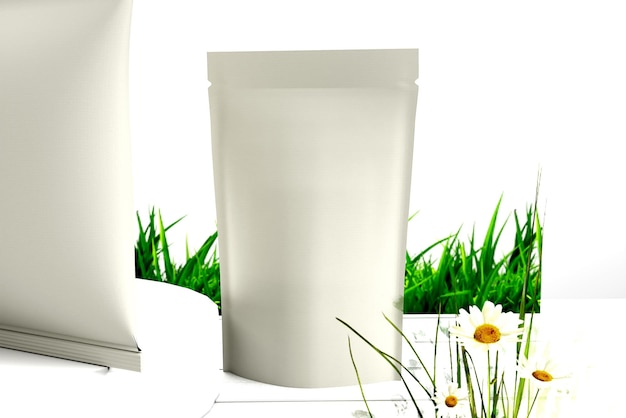 Una serie de bolsas blancas en un fondo claro maquete de renderizado 3D