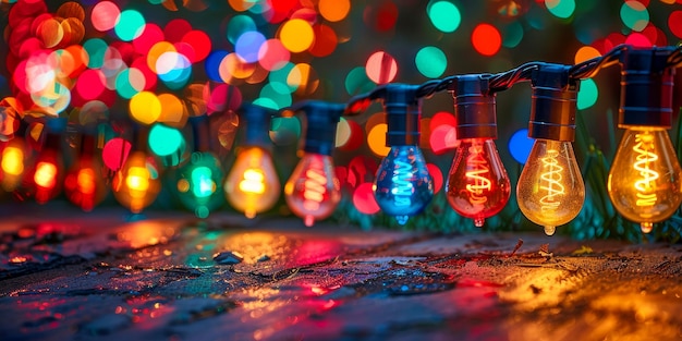Una serie de bombillas que arrojan un brillo suave en medio de un telón de fondo de luces festivas