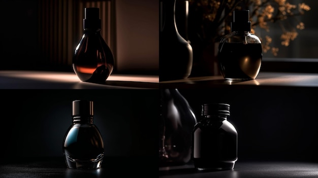 Una serie de botellas de perfume sobre una mesa.
