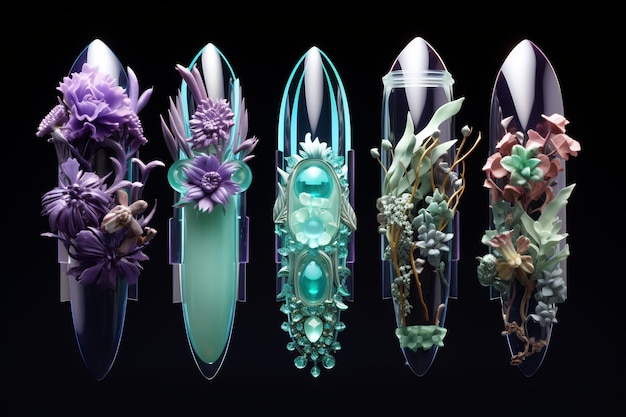 una serie de botellas de vidrio marino con el nombre " vidrio marino " en el fondo.
