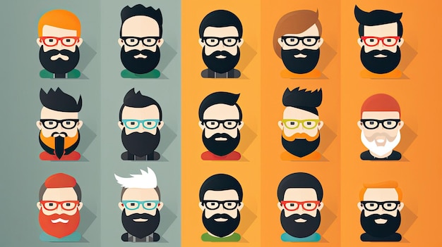 Una serie de caras de avatar con gafas y barba.