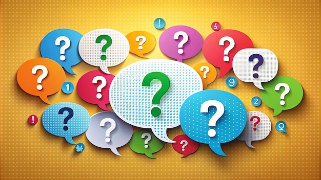 una serie colorida de burbujas de habla con muchos signos de interrogación
