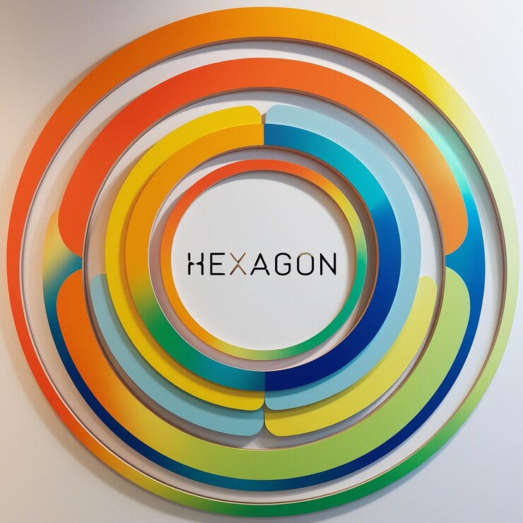 Foto una serie colorida de círculos con uno que dice hexágono