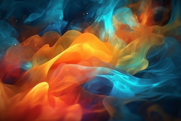 Una serie colorida de fuego y llamas con un fondo azul.