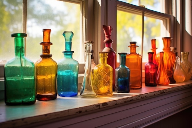 Una serie de coloridas botellas de vidrio vintage en el alféizar de la ventana creadas con IA generativa
