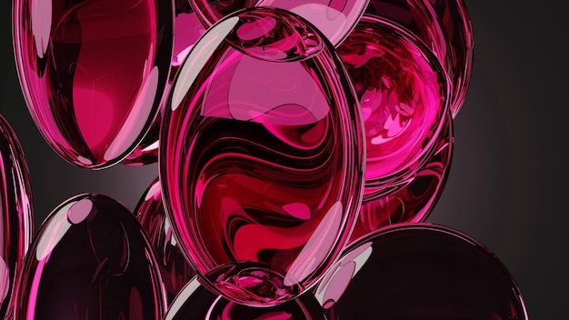 Una serie de copas de vino de cristal rojo con fondo negro.