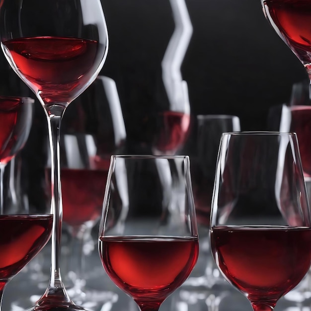 Una serie de copas de vino de vidrio rojo con un fondo negro