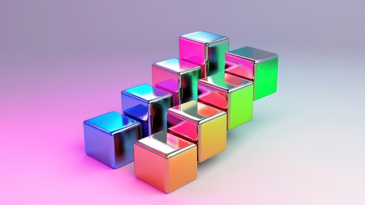 Foto una serie de cubos brillantes de colores dispuestos en un patrón escalonado sobre un fondo gris claro