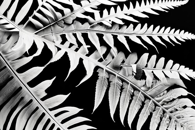 Série de fotografias em preto e branco invertidas de detalhes de folhas de samambaia