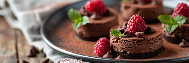 Série de mini bolos de mousse de chocolate exibidos em uma toalha de mesa