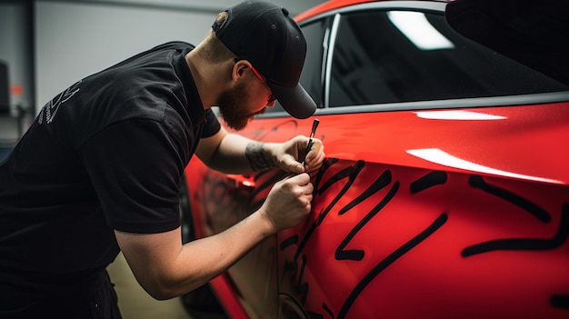 Serie de detalles de automóviles Trabajador puliendo un automóvil rojo con una pulidora