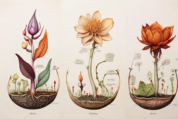 Una serie de dibujos intrincados que muestran el ciclo de vida de una planta completamente adulta y plantas en flor