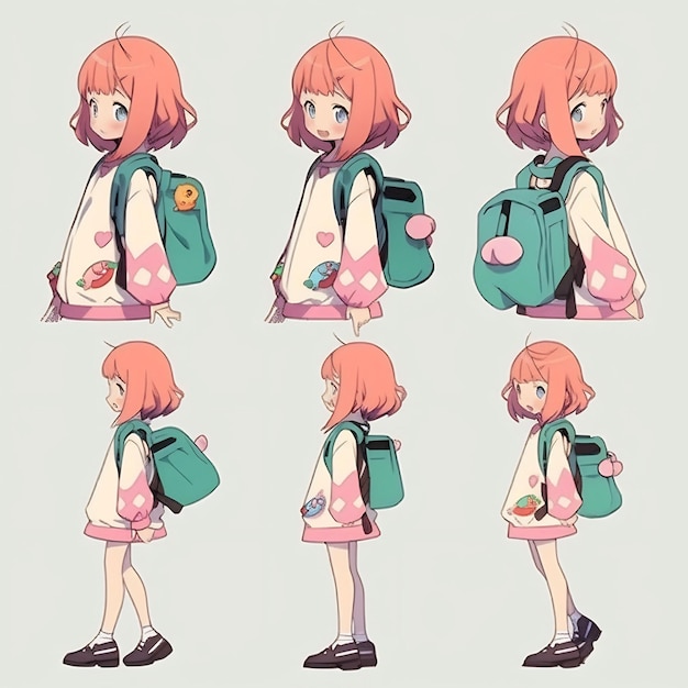 una serie de fotos de una chica con cabello rosa y una mochila verde.