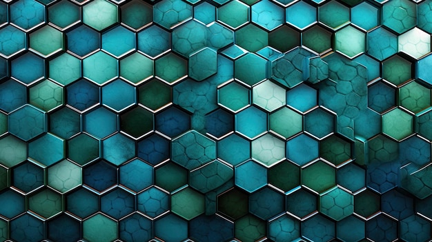 Foto una serie de hexágonos concéntricos en tonos de azul y verde que crean un efecto fascinante.