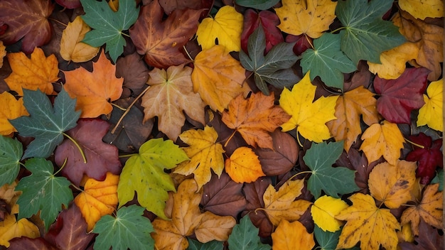 Una serie de hojas de otoño caídas de varios colores