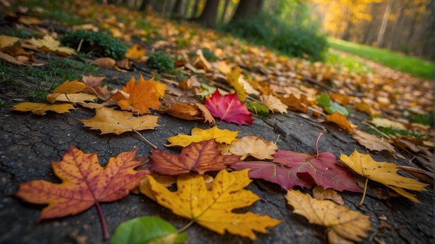 Una serie de hojas de otoño caídas de varios colores