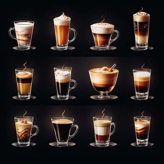 una serie de iconos de café diferentes vasos de vidrio