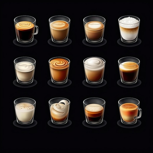 una serie de iconos de café diferentes vasos de vidrio