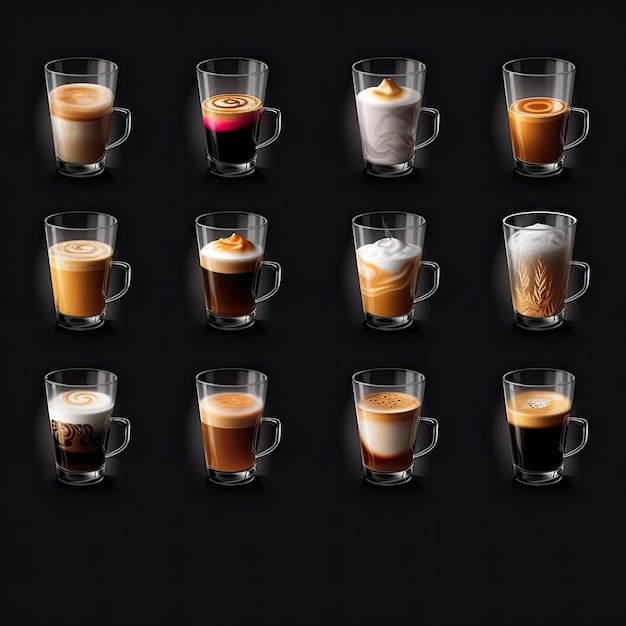 una serie de iconos de café diferentes vasos de vidrio