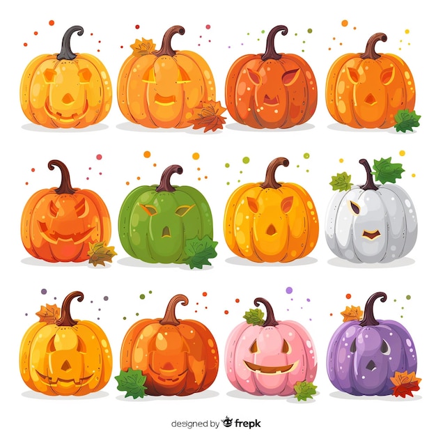una serie de imágenes de calabazas con caras y caras