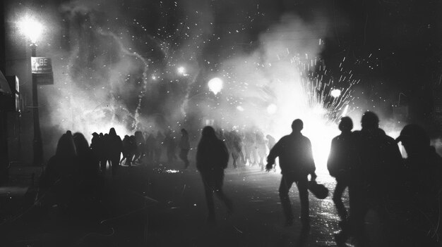 Foto una serie de imágenes granuladas tomadas por una cámara de vigilancia durante un brote de matones de fútbol en el