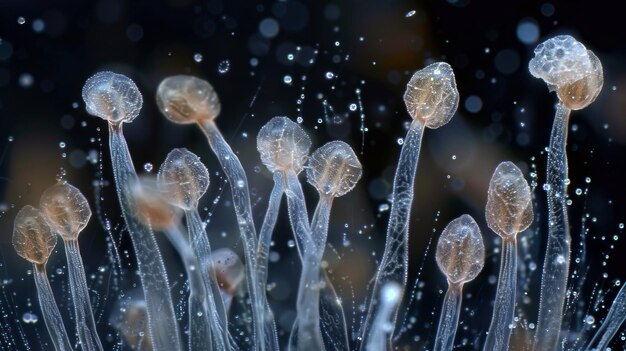 Una serie de imágenes secuenciales capturadas bajo un microscopio de luz que muestran el movimiento de los conidios