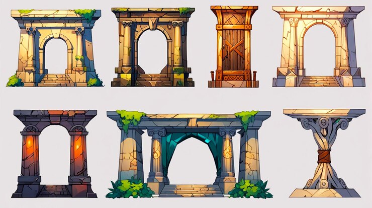 Una serie de imágenes de varios tipos de puertas antiguas y pilares antiguos con estilo de dibujos animados