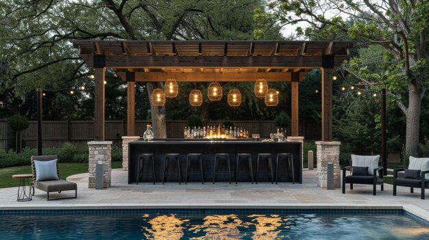 Una serie de luces colgantes colgando de una pérgola que ilumina un bar junto a la piscina y crea un ambiente animado