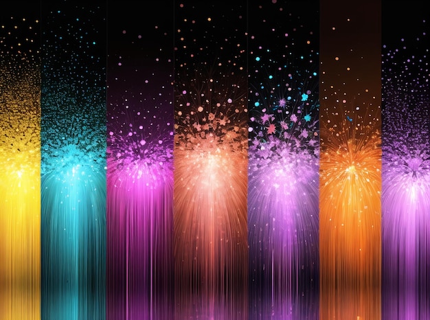 Una serie de luces de diferentes colores con un fondo negro y una fila de fuegos artificiales en el medio.