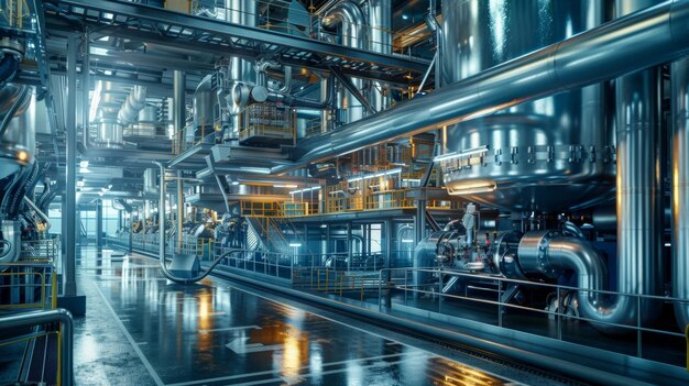 Una serie de máquinas de producción de biocombustibles que se vislumbran en una instalación industrial futurista con tuberías y