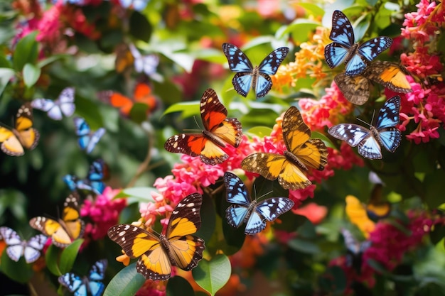 Una serie de mariposas coloridas en un arbusto cargado de flores