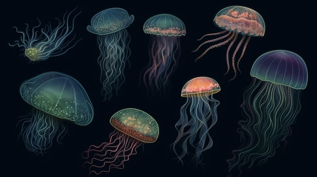 Una serie de medusas en un fondo oscuro.