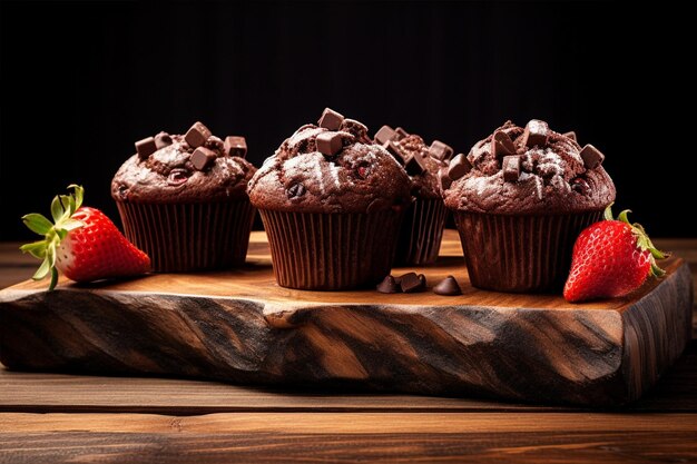 Una serie de muffins de chocolate con fresas