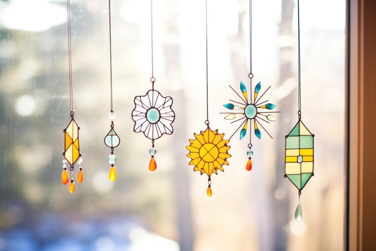 Serie de pequeños adornos de vidrieras colgando a la luz del sol