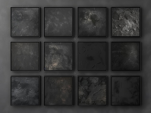Foto serie de pequeños marcos cuadrados cada uno mostrando una fase diferente de la luna dispuesta en una pared gris oscuro