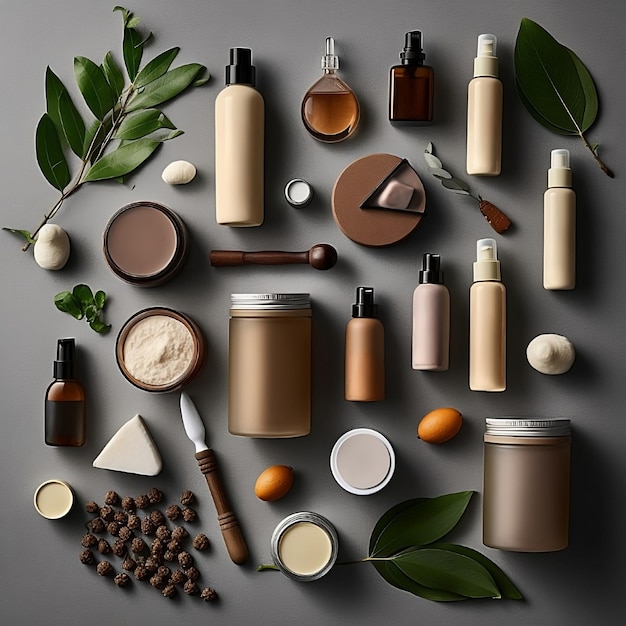 Una serie de productos para el cuidado de la piel cuidadosamente dispuestos con elementos decorativos minimalistas