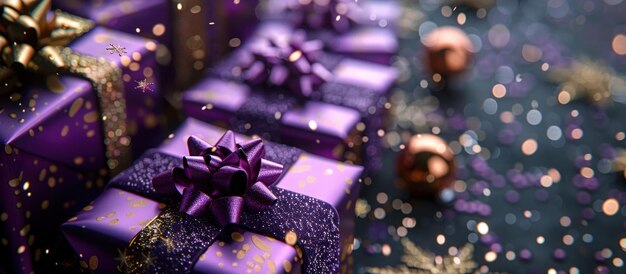 Una serie de regalos envueltos en púrpura en la mesa