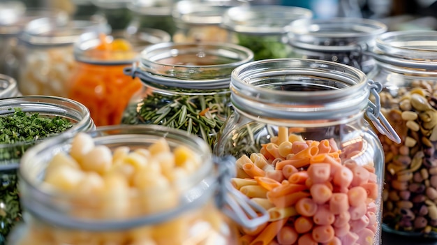 Foto una serie de tarros llenos de varios alimentos