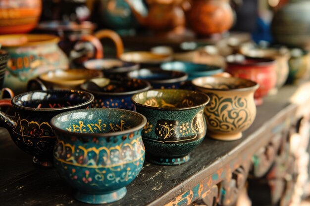 Una serie de tazas y cuencos de cerámica vívidos en exhibición en un bullicioso mercado que destaca el rico patrimonio de cerámica y la artesanía artística de la región