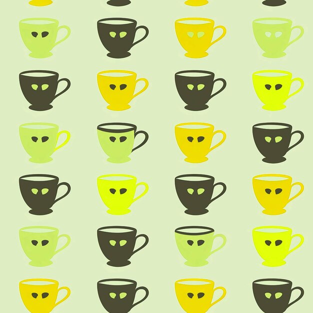 una serie de tazas de té con un fondo verde con una taza verde y amarilla con una cara verde