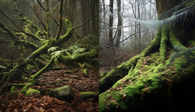 Foto una serie de tomas que muestran la transición del invierno a la primavera en un bosque