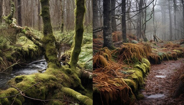 Una serie de tomas que muestran la transición del invierno a la primavera en un bosque