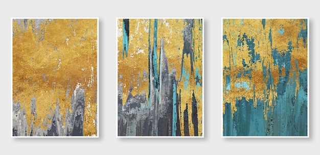 Una serie de tres pinturas formas abstractas el fondo dorado La moda de la pared de arte moderno