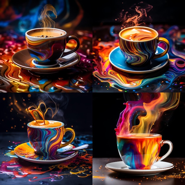 una serie de tres tazas de café con diseños coloridos en el concepto del día internacional del café