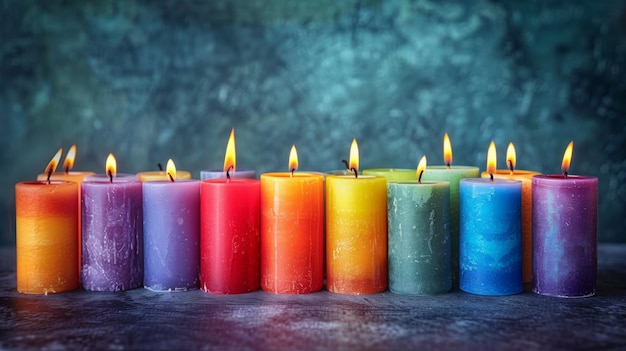 Una serie de velas multicolores vibrantes que arden brillantemente en una superficie oscura