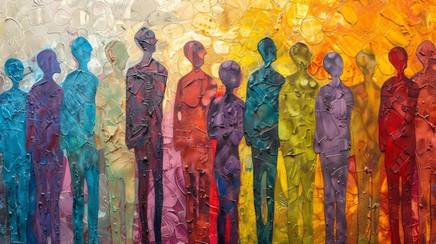Una serie de vibrantes figuras humanas multicolores de pie en grupo que representan la unidad y la fuerza de