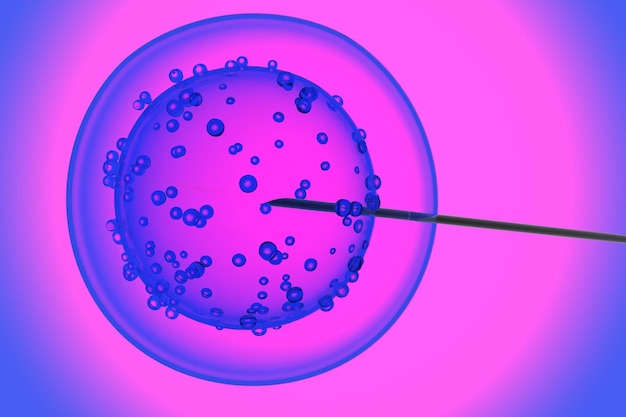Foto seringa de inseminação artificial penetrando na célula em uma renderização 3d de fundo vermelho