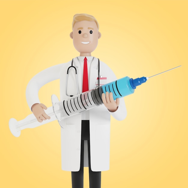 Seringa nas mãos de um médico ambulance flu shot conceito de medicina de cuidados de saúde ilustração 3d em estilo cartoon