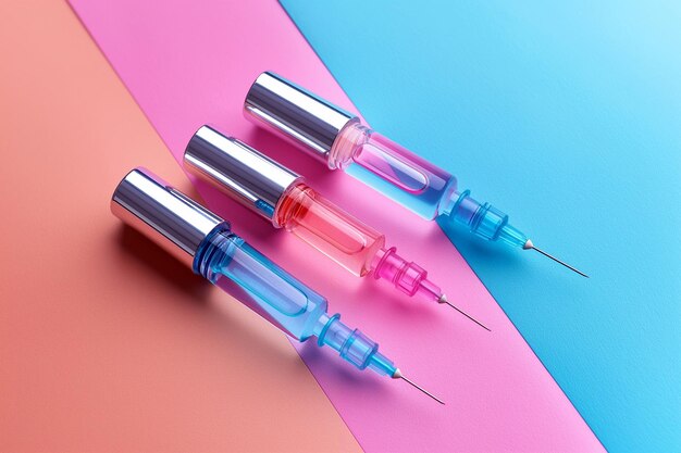 Seringas de injecção de beleza para aumento dos lábios injeção em fundo pastel injeções com preenchimentos para correção de lábios ou rugas ácido hialurónico botox tratamento de beleza cirurgia plástica