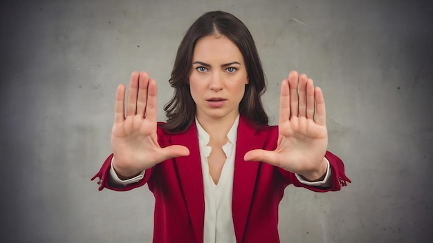 Foto sério determinada mulher mostrar parar gesto proibir ação